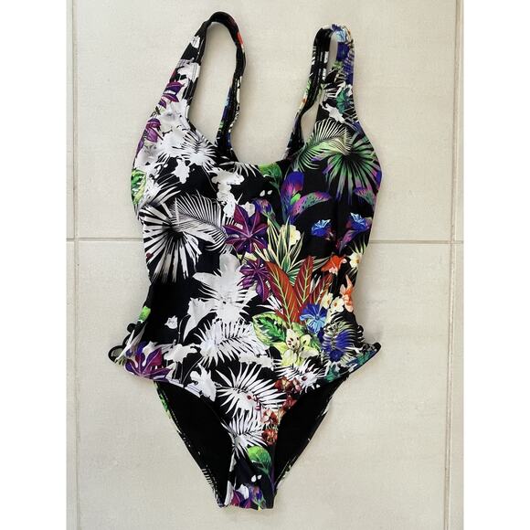 Tinibikini Swim Tropical Floral One Piece Swimsuit Strappy Sides - Picture 1 of 9